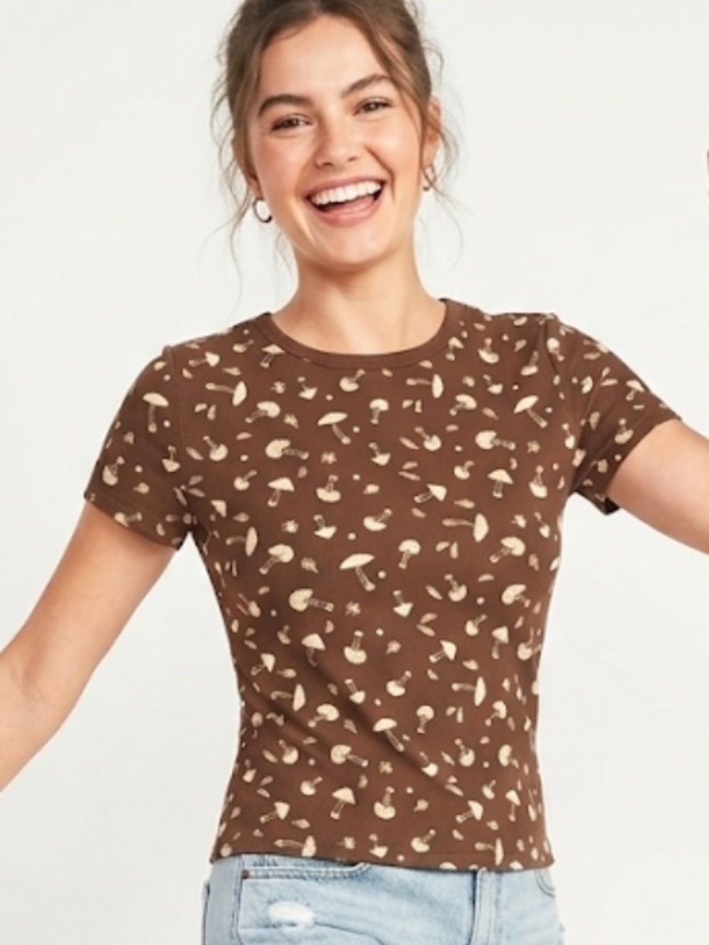Women’s Brown Mushroom Printed Crewneck Short Sleeve Casual Tee Size XL